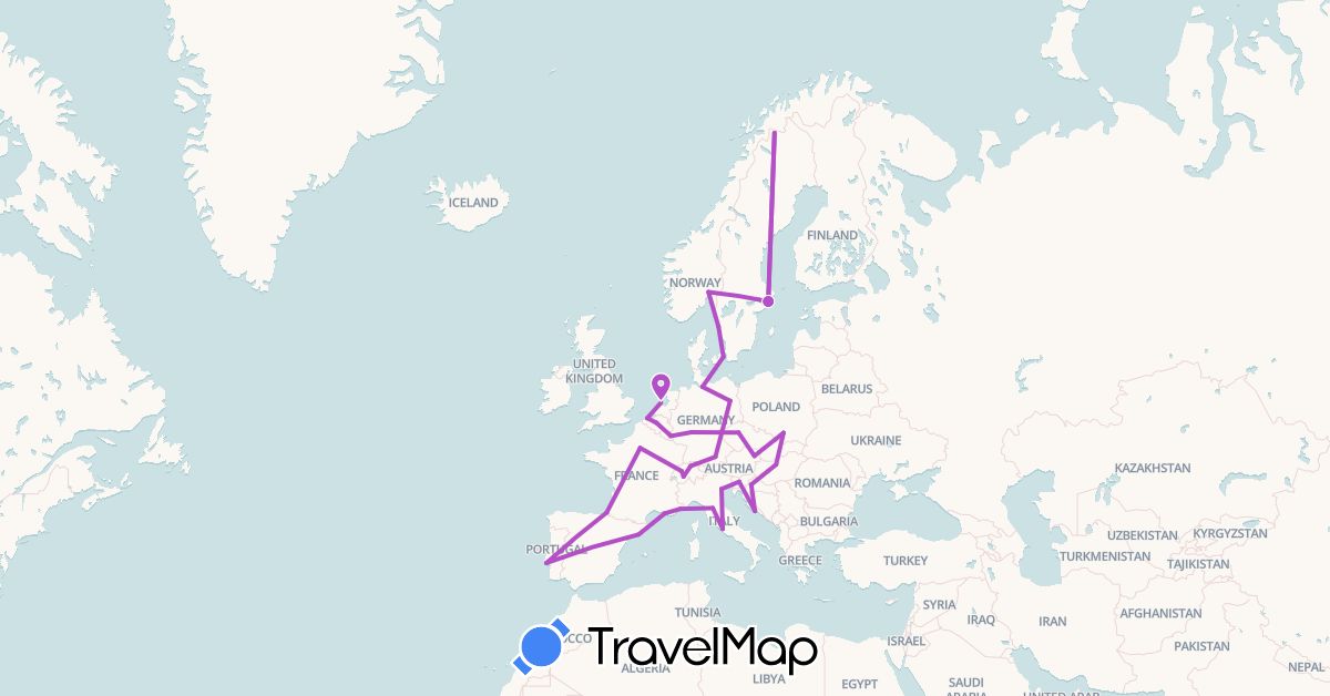 TravelMap itinerary: driving, train in Austria, Belgium, Switzerland, Czech Republic, Germany, Denmark, Spain, France, Croatia, Hungary, Italy, Luxembourg, Netherlands, Norway, Poland, Portugal, Sweden, Slovenia (Europe)